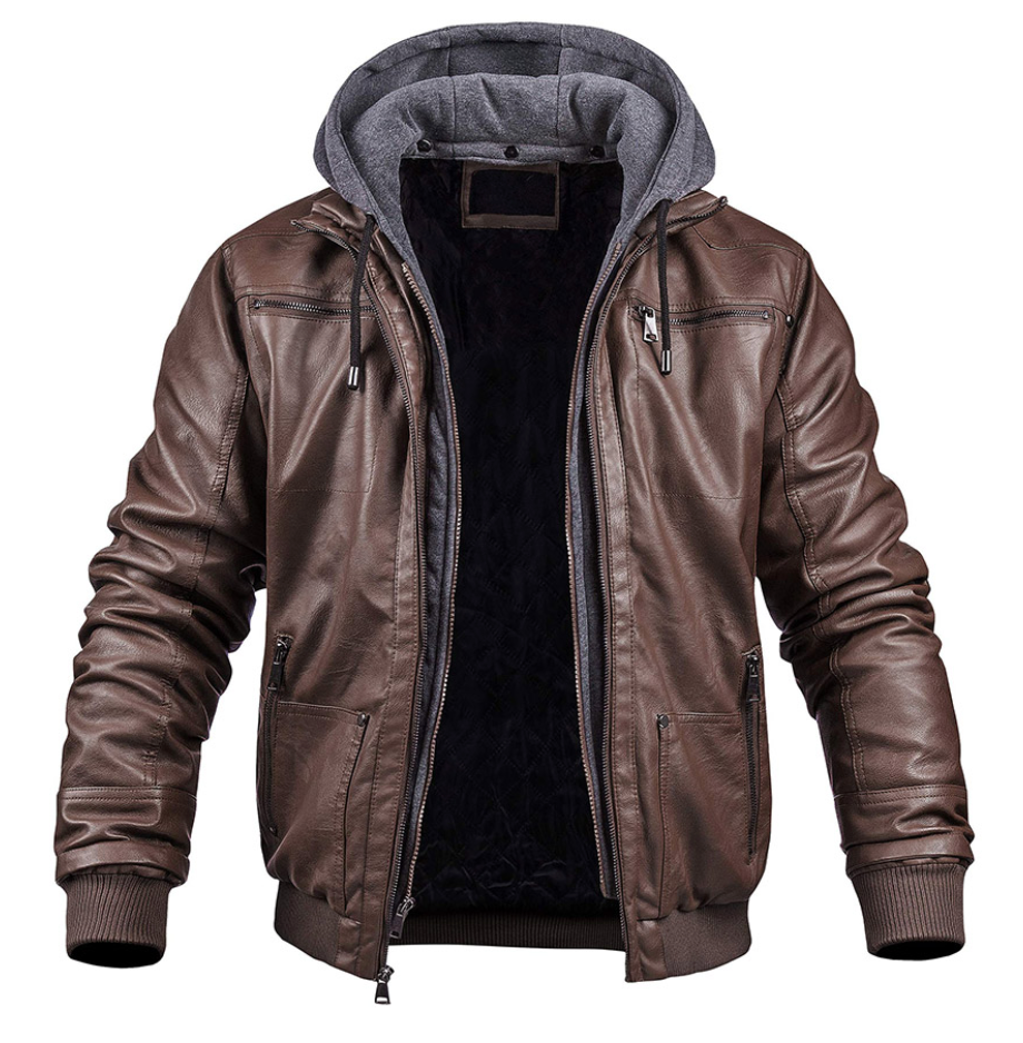 Stilvolle premium leder-winter-jacke mit kapuze